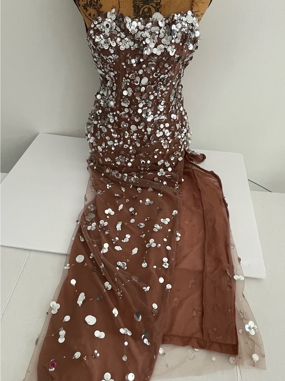 Fashion Nova Brown Strapless Sequin Evening Gown